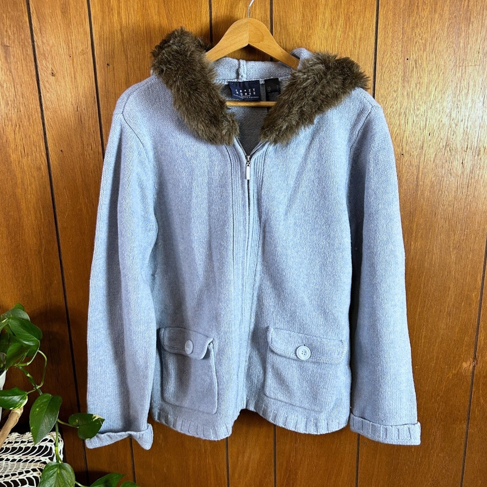 Vintage Crazy Horse‎ Liz Claiborne Lambswool Faux Fur Hooded Zip Blue Large